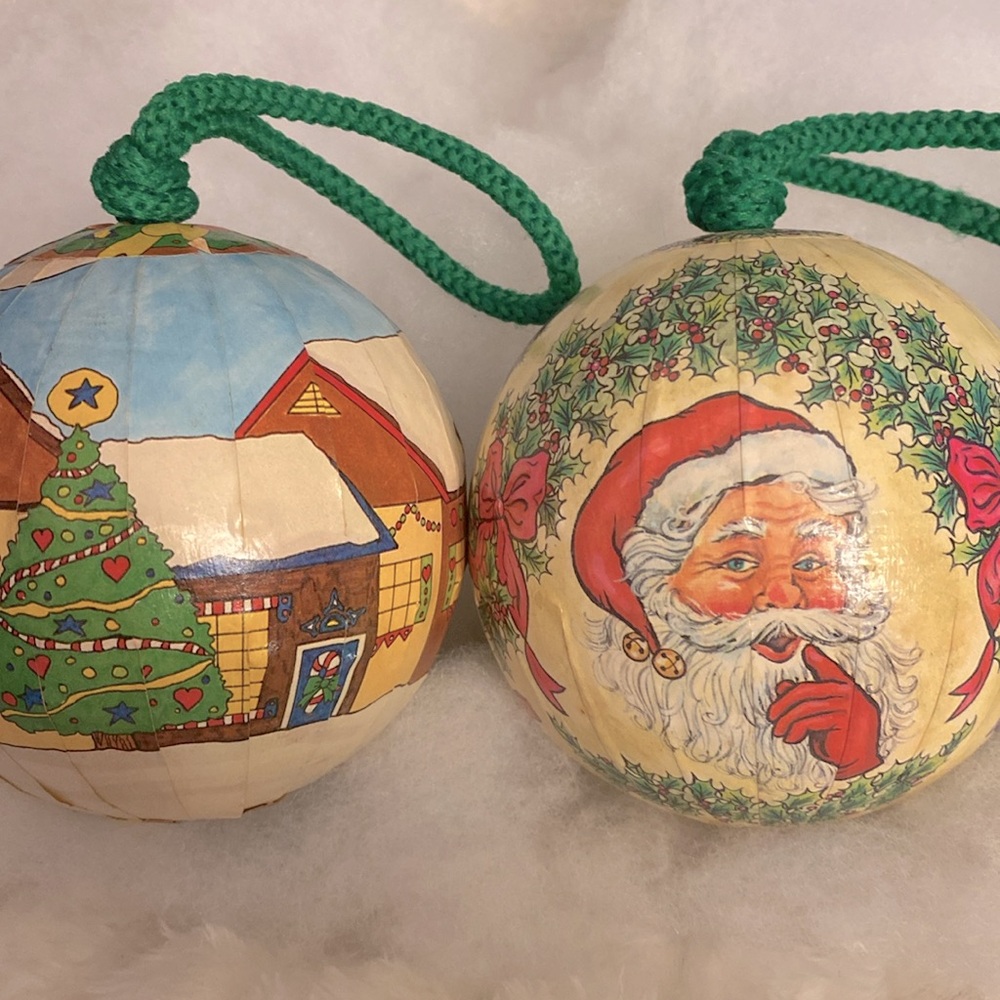 2 Large Vintage Paper Mache Christmas Ornaments Santa Toy Shop Tiny Holiday Town